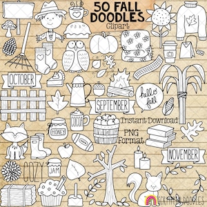 Puede incluir: Clipart en blanco y negro con temática otoñal con varios garabatos, incluyendo calabazas, hojas, un espantapájaros y texto que dice "50 Fall Doodles Clipart". También incluye el texto "Instant Download PNG Format".