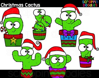 Christmas Cactus Clip Art - Cute Commercial Use Festive Cactus Character Graphics {Scrappin Doodles Clipart}