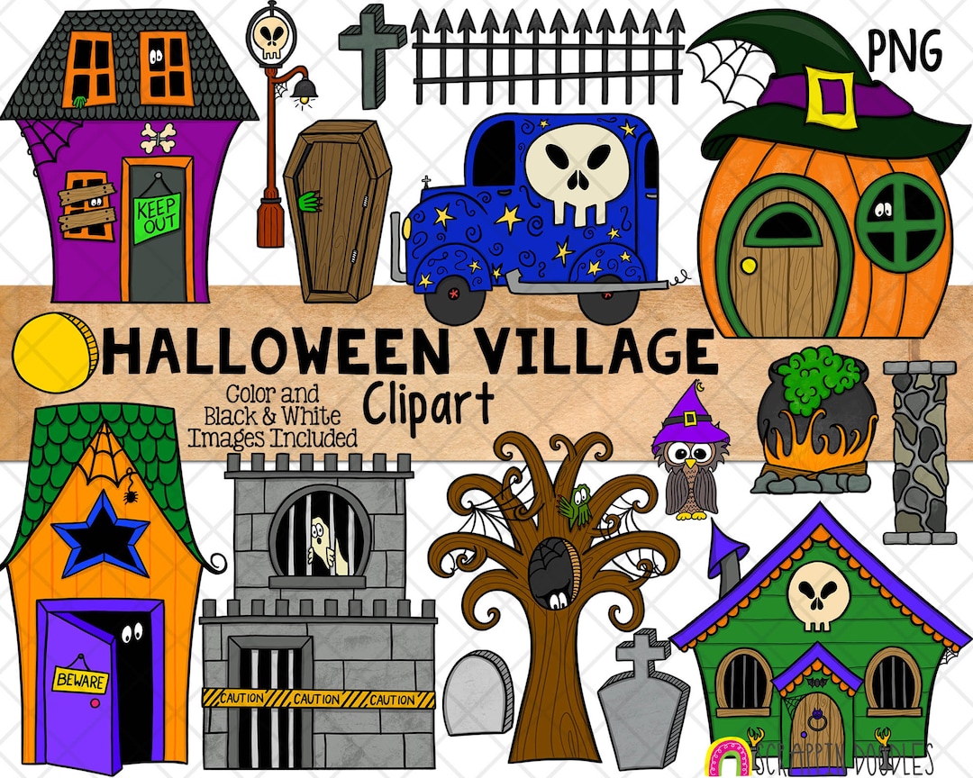 Halloween Village Clipart - Haunted House Graphics - Spooky Graveyard ...