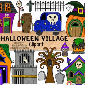 Halloween Dorf ClipArt - Spukhaus Grafik - Spukhaus Friedhof - Gruseliger Sarg - Grabstein - Sublimation PNG