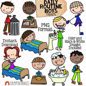 Clipart de routine quotidienne - Doodle garçons Clip Art - enfants - tâches ménagères - se brosser les dents - dormir - devoirs - prendre un bain - usage Commercial PNG