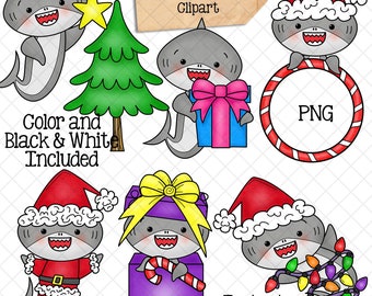 Christmas Sharks Clip Art - Grey Shark Clipart - Baby Shark - Commercial Use PNG Sublimation
