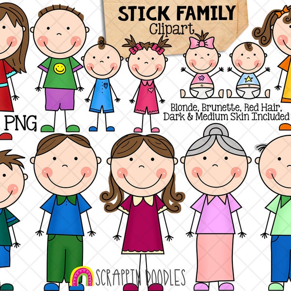 Stick Family Clip Art - Various Hair Colors - Stick Figures - Stick People Graphics - Create A Family - Hand Drawn PNG