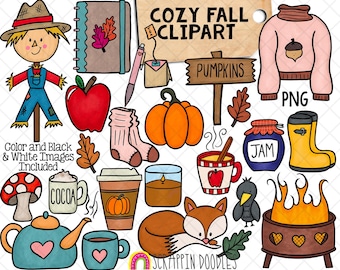 May include: A set of colorful fall-themed clipart images, including a scarecrow, pumpkins, a fox, a campfire, a jar of jam, a mug of cocoa, a teapot, a cup, a mushroom, a sweater, a sign that says "Pumpkins", a book, a pair of socks, and a candle. The text "Cozy Fall Clipart" is written on a brown paper tag.