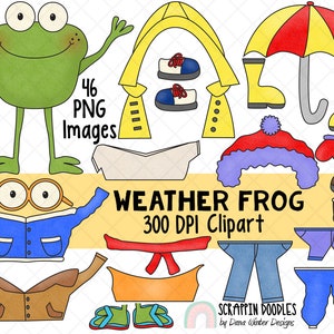 Images clipart météo - habillage grenouille météo - vêtements saisonniers - hiver - printemps - été - il pleut - poupée en papier - téléchargement immédiat