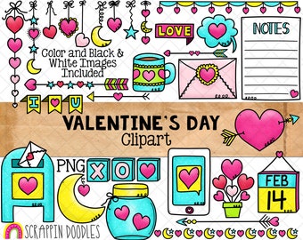 May include: A set of Valentine's Day clipart featuring hearts, arrows, a mailbox, a moon, a jar, a phone, a flower pot, a calendar, and the words "LOVE", "NOTES", "PNG XO", and "FEB 14".