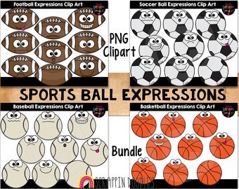 Sports Ball Expressions Clip Art Bundle - Soccer Ball - Football - Baseball - Basketball - Emotions ClipArt