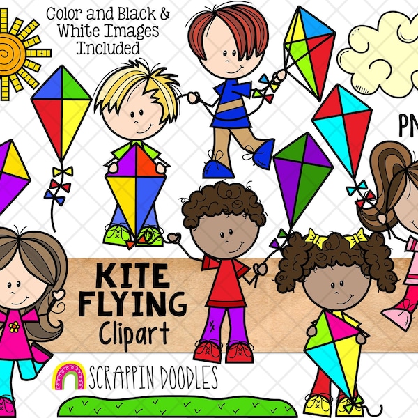 Kite Flying ClipArt - Kids Flying Kites Clip Art - Cloud - Sun - Summer - Commercial Use PNG Clip Art