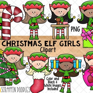 Christmas Elf Clip Art - Girl Elf Graphics -  Elves - Hand Drawn PNG