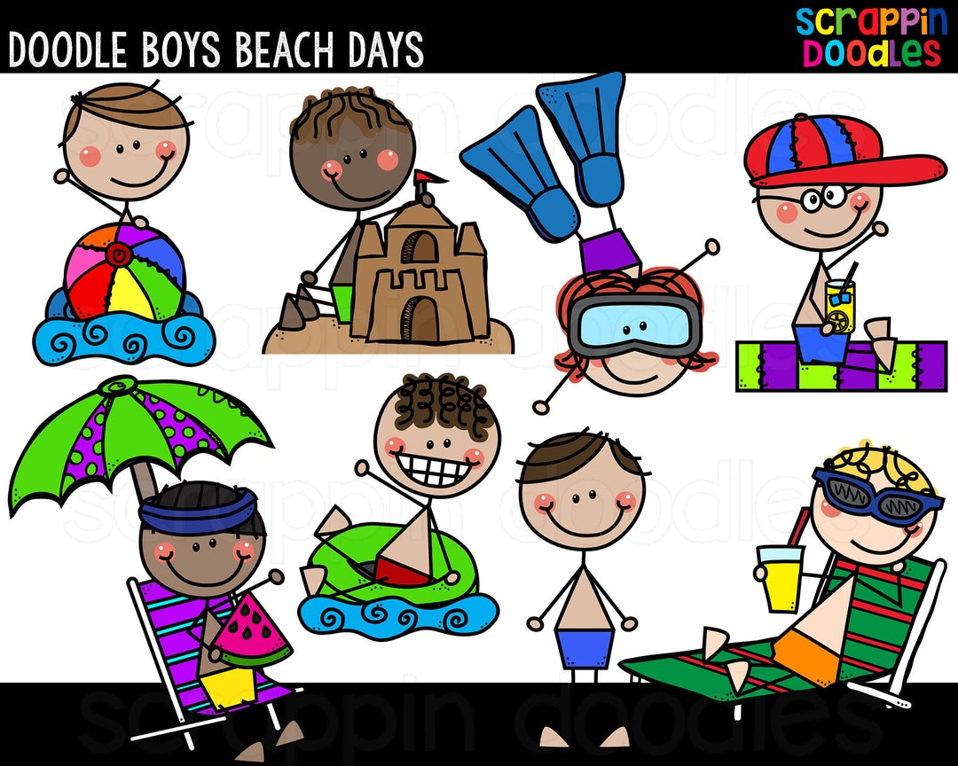 Doodle Boys Beach Days Clip Art Cute Commercial Use Beach Kids Clipart ...