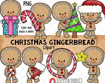 Christmas Gingerbread Clip Art - Christmas Cookie Graphics -  Gingerbread People - Hand Drawn PNG