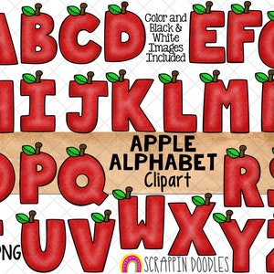 May include: Red apple alphabet clipart with a white background. The letters are in a cartoon style with green leaves on top. The letters are A-Z. The text "APPLE ALPHABET Clipart" is in the center of the image. The text "PNG" is in the bottom left corner of the image. The text "SCRAPPIN DOODLES" is in the bottom right corner of the image.