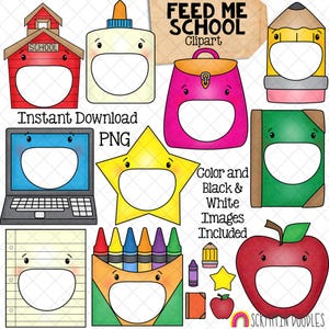 Feed Me School ClipArt - Alimentazione di materiale scolastico a bocca aperta - Matita - Colla - Libro - Laptop - Carta - Scatola di pastelli - Zaino - Crea un gioco
