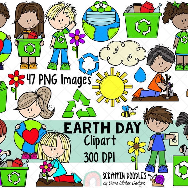 ClipArt di Earth Day - ClipArt per bambini di Earth Day per uso commerciale carino, grafica ambientale {Scrappin Doodles Clipart}