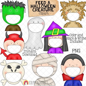 Feed A Halloween Creature ClipArt - Feeding Open Mouth Frankenstein - Ghost - Heks - Weerwolf - Duivel - Mummie - Schedel - Vampier - PNG