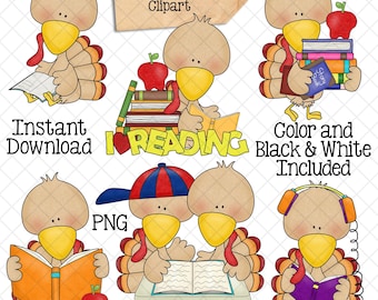 May include: Clipart image of six turkeys dressed as students. The turkeys are holding books, wearing hats, and carrying backpacks. The text "TURKEY READERS" and "I LOVE READING" are included in the image.