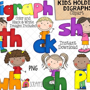 May include: Clip art set of children holding colorful digraphs. The digraphs include 'th', 'ck', 'sh', 'wh', 'ch', and 'ph'. The image includes the text 'Kids Holding Digraphs Clipart' and 'Instant Download'.