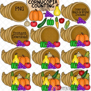 Conteggio Cornucopia ClipArt - Ringraziamento Verdure Frutta in Cornucopia Clip Art - Autunno - Grafica matematica stagionale - Uso commerciale PNG