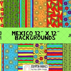 Può includere: Dodici sfondi digitali di carta a tema messicano. I fogli presentano motivi ripetitivi di peperoncini, cactus, soli, fiori e strisce in colori vivaci come rosso, giallo, verde, blu e arancione. I fogli misurano 12 pollici per 12 pollici e 300 DPI.