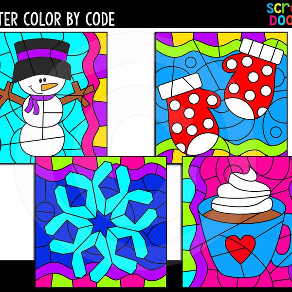 Winter Color By Code Templates - Cute Commercial Use Color By Code - Bright and Colorful Winter Color By Code Templates