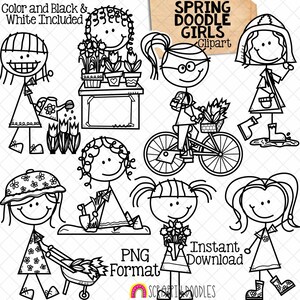 Spring Drawing Stickman Spring Girls Clip Art - Doodle Kids Stick Figure Graphics - Gardening ...