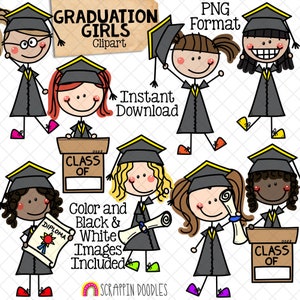 Abschluss ClipArt - Doodle Mädchen Abschluss - Schule Clip Art - Diplom - Klasse für Grafiken - Sublimationsgrafiken - Handgezeichnet PNG