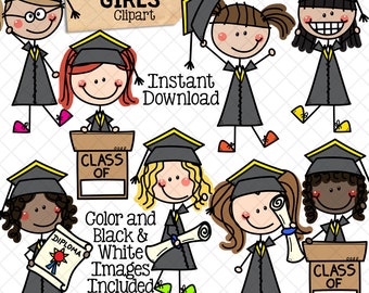 Graduation ClipArt - Doodle Girls Graduating - School Clip Art - Diploma - Class of Graphics - Sublimation Graphics - Hand Drawn PNG
