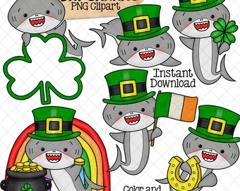 St Patricks Day Sharks Clip Art - Irish - Grey Shark Clipart - Baby Shark - Commercial Use PNG Sublimation