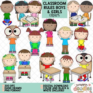 May include: A collection of cartoon illustrations featuring children in a classroom setting, including students at desks, raising hands, and wearing large glasses. The text reads CLASSROOM RULES BOYS & GIRLS Clipart, 300 DPI HAND DRAWN PNG FORMAT, and scrappin doodles.