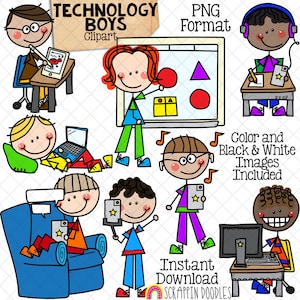 May include: Clip art set of eight cartoon boys using technology. The boys are drawn in a simple, stick figure style. They are using computers, tablets, and phones. The set includes color and black and white images. The text "TECHNOLOGY BOYS" and "PNG Format" is included in the image.