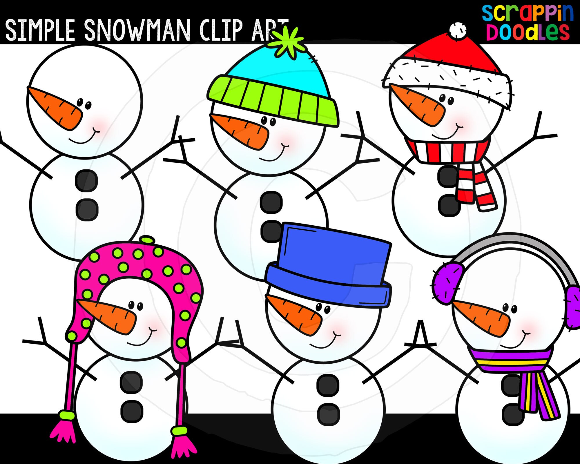 ClipArt semplice del pupazzo di neve - Clipart carino dei pupazzi di neve per uso commerciale - Grafica del pupazzo di neve invernale luminosa e colorata