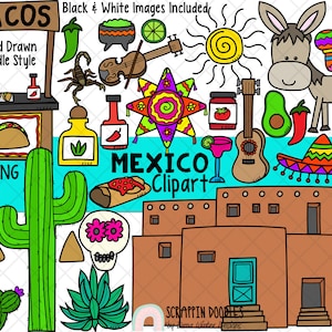 Messico ClipArt - Cinco de Mayo ClipArt - Burro ClipArt - Sombrero - Adobe House ClipArt - Pinata - Maracas - Stile Doodle disegnato a mano