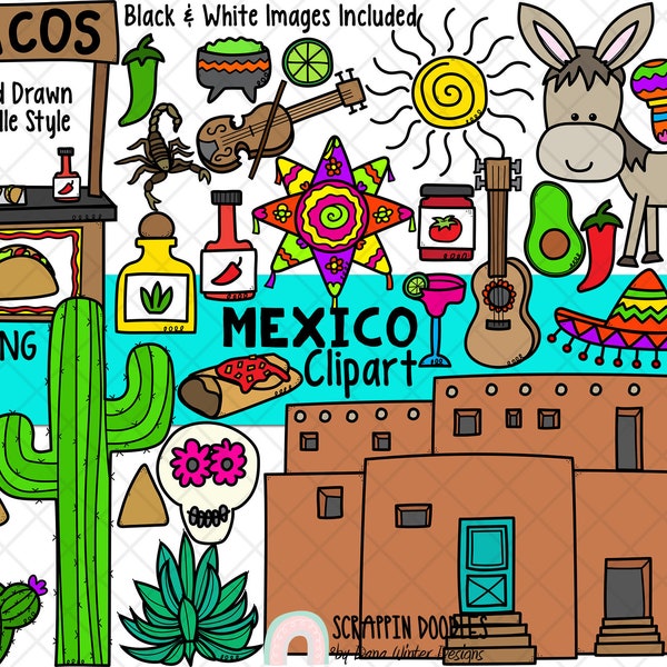 Mexico ClipArt - Cinco de Mayo ClipArt -  Burro ClipArt - Sombrero - Adobe House ClipArt - Pinata - Maracas - Hand Drawn Doodle Style