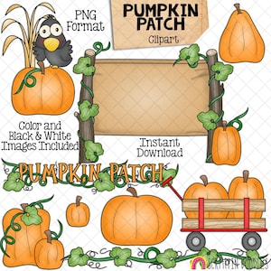 Imágenes prediseñadas de calabazas: calabazas, vides, cuervos, otoño, granja de otoño, enredadera de calabaza, carro, letrero de madera, imágenes PNG dibujadas a mano