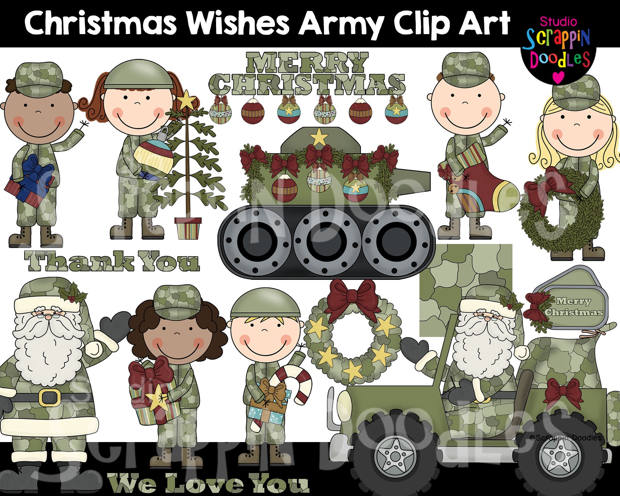 Christmas Wishes Army Clip Art Military Tank Holiday | Etsy