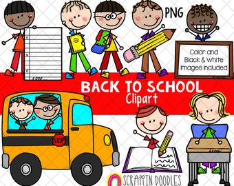 Back to School ClipArt - Doodle Boys School - School Bus Clipart - Student Clipart - Hand Drawn PNG - Sublimation Graphics