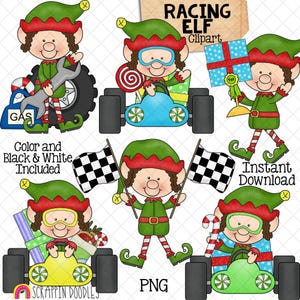 Racing Elf Clip Art - kerstelfen raceauto's - raceauto - geblokte vlag - monteur - elfjes - commercieel gebruik - handgetekende png
