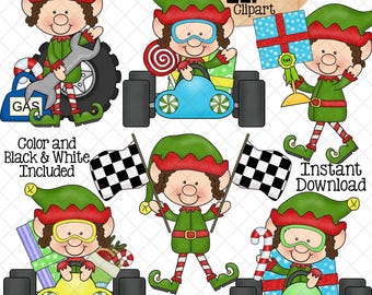 Racing Elf Clip Art - Christmas Elves Racing Cars - Race Car - Checkered Flag - Mechanic - Elfkins - Commercial Use - Hand Drawn PNG