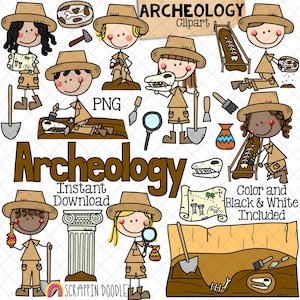 ClipArt di archeologia - Archeologo - Manufatto - Sito di scavo - Fossile - Rovine antiche - Caccia al tesoro - Doodle ragazzi - Ragazze - Uso commerciale PNG