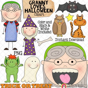 Clip Art vieille dame a avalé une chauve-souris - grand-mère aime les graphismes d'Halloween - usage commercial PNG