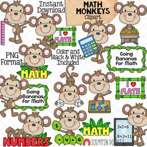 May include: Clip art set of colorful monkey illustrations with math-themed elements. The set includes monkeys holding calculators, bananas, and signs with math equations. The text "Math Monkeys Clipart" is included in the image.