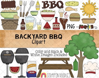 BBQ ClipArt -Barbecue Clipart - Picnic Clipart - Backyard Cookout - Summer Clipart - Grill Party Food - Hand Drawn PNG - Create A BBQ Scene