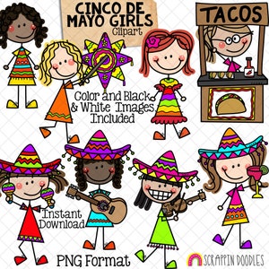 Cinco de Mayo ClipArt - Mexico Fiesta Doodle Girls - Cinco de Mayo Party - Sombrero - Pinata - Maracas - Taco Stand - Hand Drawn CU - PNG