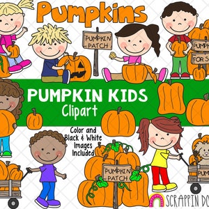 May include: Clip art set of children with pumpkins. The set includes a variety of pumpkins, including orange, white, and green pumpkins. The children are wearing colorful clothing and holding pumpkins. The text "Pumpkin Kids Clipart" is written in green letters on a green background. The text "Color and Black & White Images Included" is written in black letters on a white background. The text "Pumpkin Patch" is written on a sign held by one of the children.