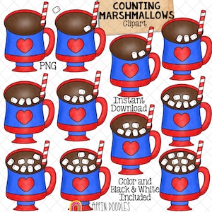 Counting Marshmallows ClipArt - Winter Hot Chocolate Marshmallow Counting - Seasonal Math Graphics - Commercial Use PNG
