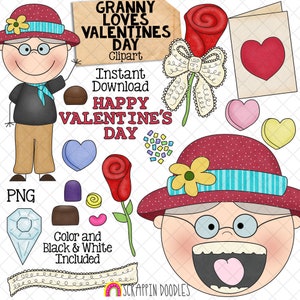 Vieille dame a avalé une rose Clip Art - grand-mère aime les graphiques pour la Saint-Valentin - usage commercial PNG