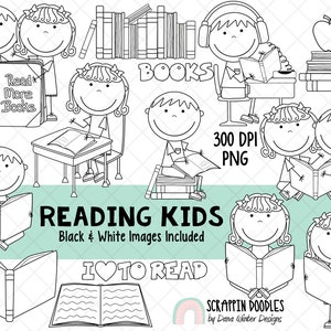 May include: Black and white illustrations of children reading books. The illustrations include children sitting at a desk, reading on a stack of books, and reading in a chair. The text "Read More Books" and "I &hearts; To Read" are also included in the image.