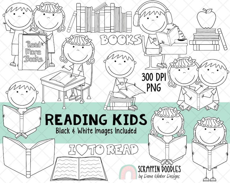 May include: Black and white illustrations of children reading books. The illustrations include children sitting at a desk, reading on a stack of books, and reading in a chair. The text "Read More Books" and "I &hearts; To Read" are also included in the image.