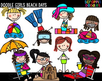 Doodle Girls Beach Days Clip Art - Cute Commercial Use Beach Kids Clipart, Beach Summer Stick Figure Graphics {Scrappin Doodles Clipart}