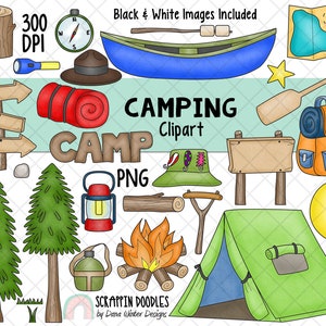 Clipart de acampamento - Clip Art de mochila - Caminhadas - Fogueira - Acampamento de verão - Natureza ao ar livre - Bosques - Floresta - Árvores - Tendas